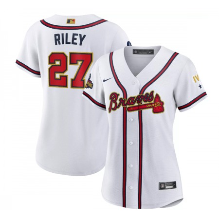 Women's Atlanta Braves #27 Austin Riley 2022 White/Gold World Series Champions Program Stitched Jersey(Run Small)