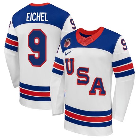 Men's USA Hockey #9 Jack Eichel White 2026 Away Replica Jersey