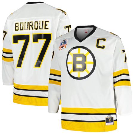 Men's Boston Bruins #77 Ray Bourque White Captain Patch Blue Line Player Jersey