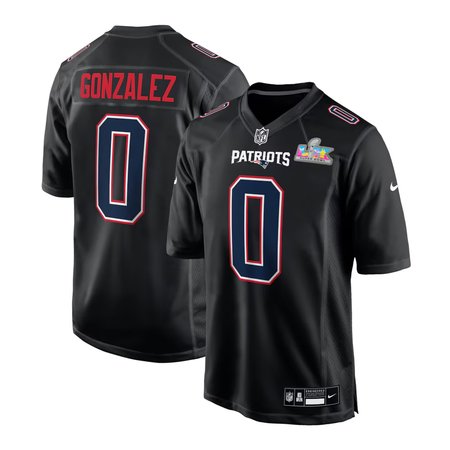 Men's New England Patriots #0 Christian Gonzalez Black Super Bowl LX Patch Carbon Fashion Game Jersey