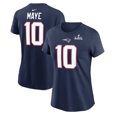 Women's New England Patriots #10 Drake Maye Navy Super Bowl LX Patch Name & Number T-Shirt