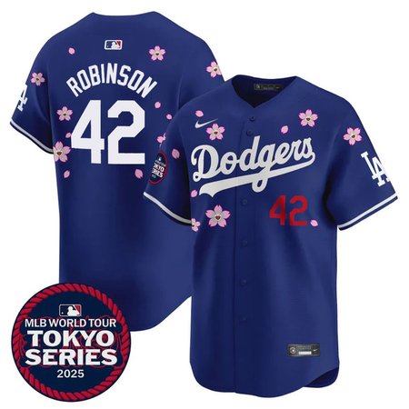 Men's Los Angeles Dodgers #42 Jackie Robinson Royal Tokyo 2025 Cool Base Stitched Baseball Jersey