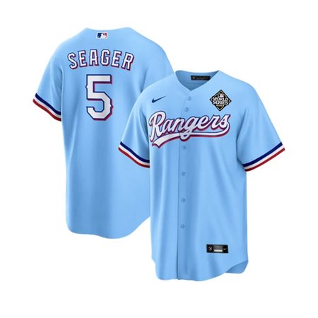 Men's Texas Rangers #5 Corey Seager Blue 2023 World Series Stitched Baseball Jersey