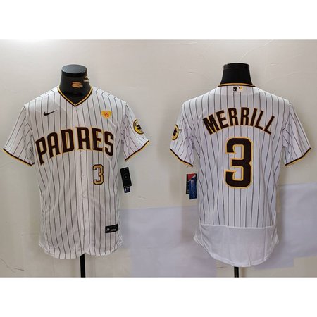 Men's San Diego Padres #3 Jackson Merrill White With PS Patch Flex Base Stitched Baseball Jersey