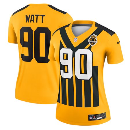 Women's Pittsburgh Steelers #90 T.J. Watt Nike Gold Alternate 1933 Throwback Legend Player Performance Top