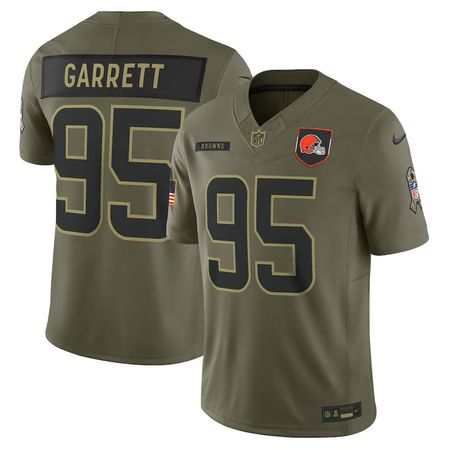 Youth Cleveland Browns #95 Myles Garrett Nike Olive 2025 Salute to Service Limited Jersey