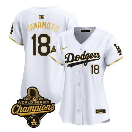 Women's Los Angeles Dodgers #18 Yoshinobu Yamamoto White Golden 2025 World Series Champions Home Limited Jersey