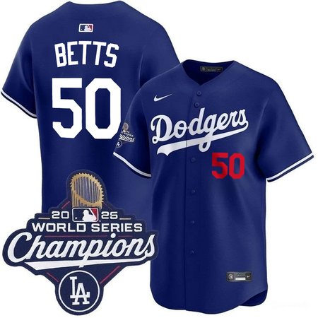 Youth Los Angeles Dodgers #50 Mookie Betts Royal 2025 World Series Champions Home Limited Jersey
