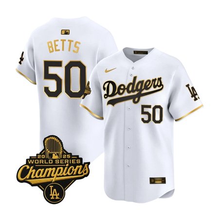 Men's Los Angeles Dodgers #50 Mookie Betts White Golden 2025 World Series Champions Home Limited Jersey
